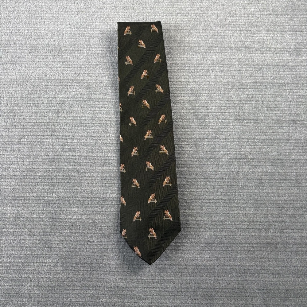 Brooks Brothers Neck Tie Horse Equestrian Jumping AOP Silk Olive Green